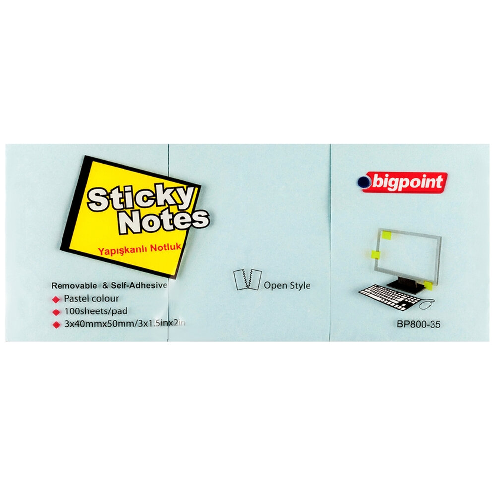 Bigpoint Yapışkanlı Not Kağıdı 3 Lü 40x50 Mavi BP800-35 - 1