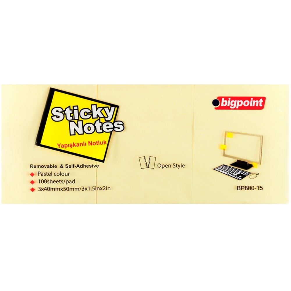 Bigpoint Yapışkanlı Not Kağıdı 3 Lü 40x50 Sarı BP800-15 - 1