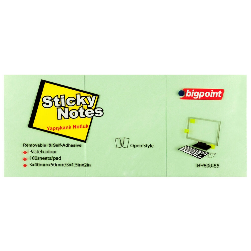 Bigpoint Yapışkanlı Not Kağıdı 3 Lü 40x50 Yeşil BP800-55 - 1