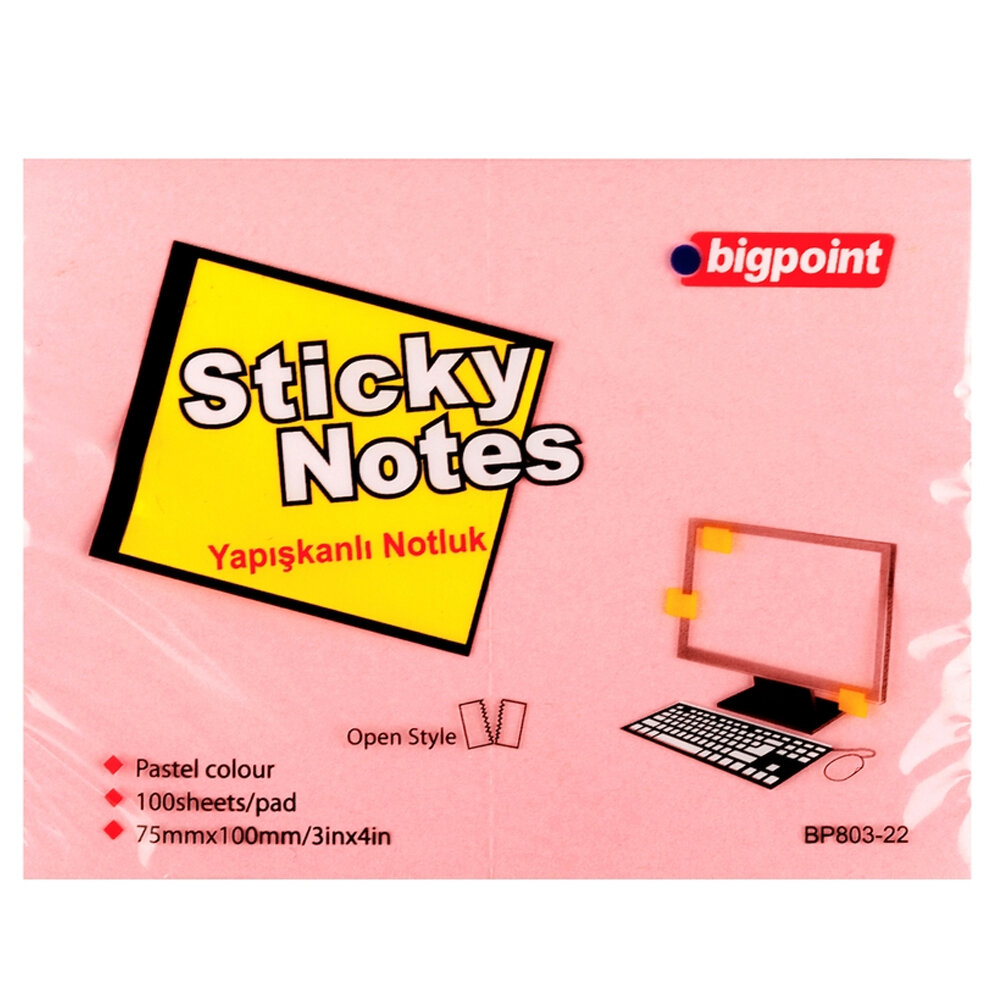 Bigpoint Yapışkanlı Not Kağıdı 75x100 Pembe BP803-22 - 1