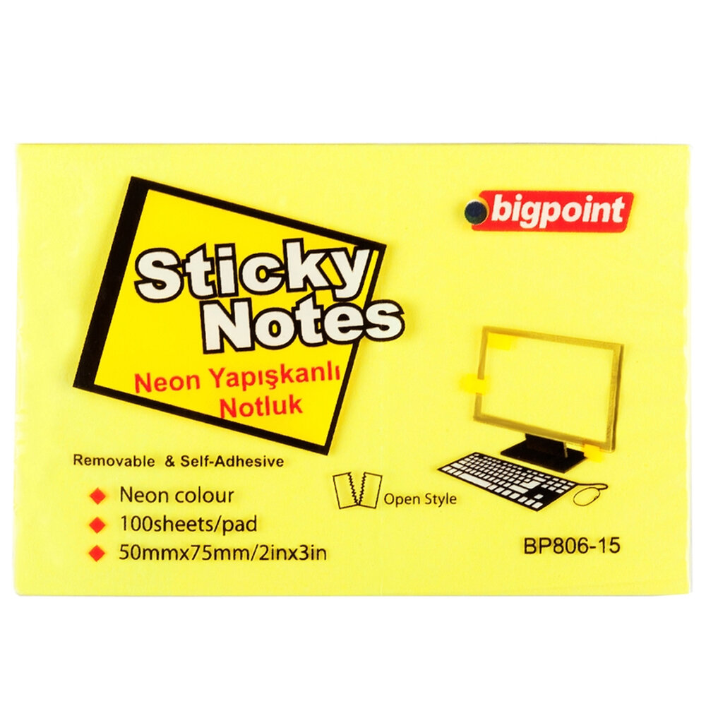 Bigpoint Yapışkanlı Not Kağıdı 75x50 Neon Sarı BP806-15 - 1