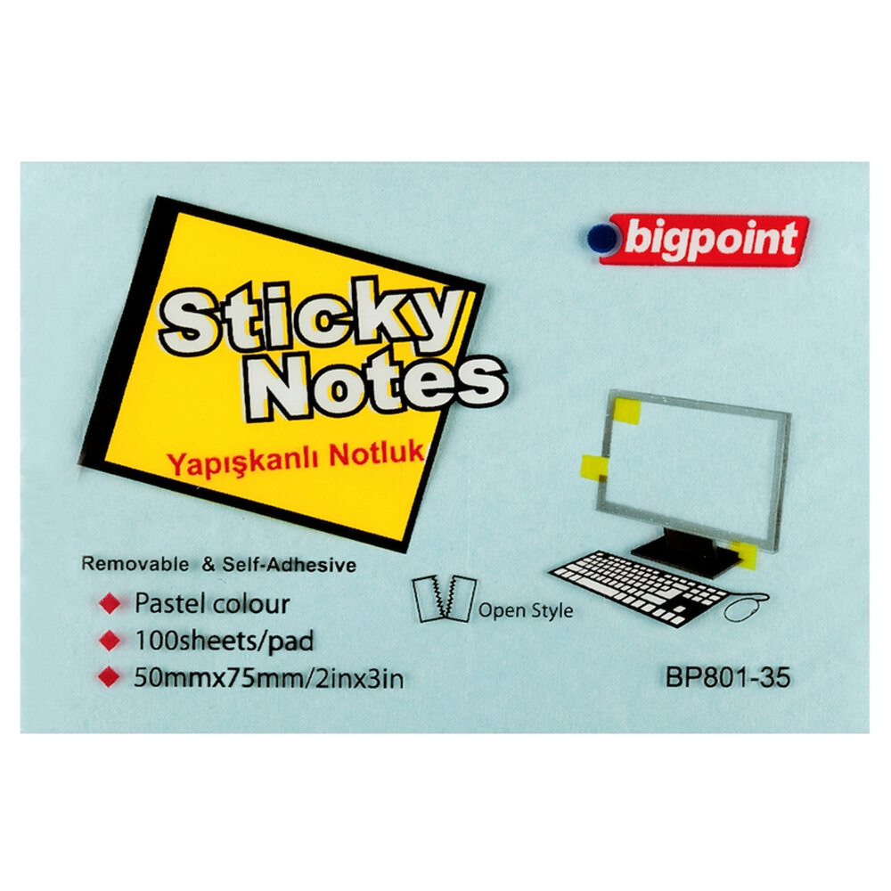 Bigpoint Yapışkanlı Not Kağıdı 75x50 Pastel Mavi BP801-35 - 1