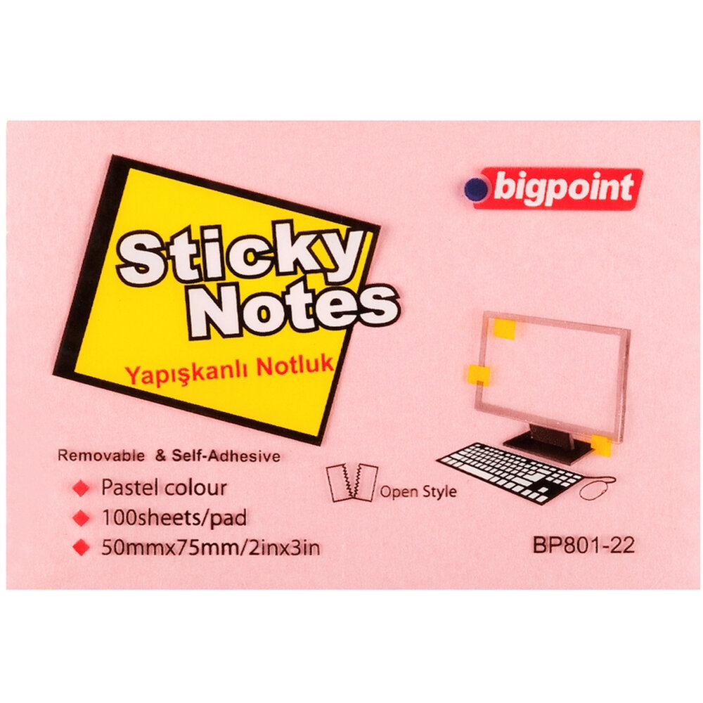 Bigpoint Yapışkanlı Not Kağıdı 75x50 Pembe BP801-22 - 1