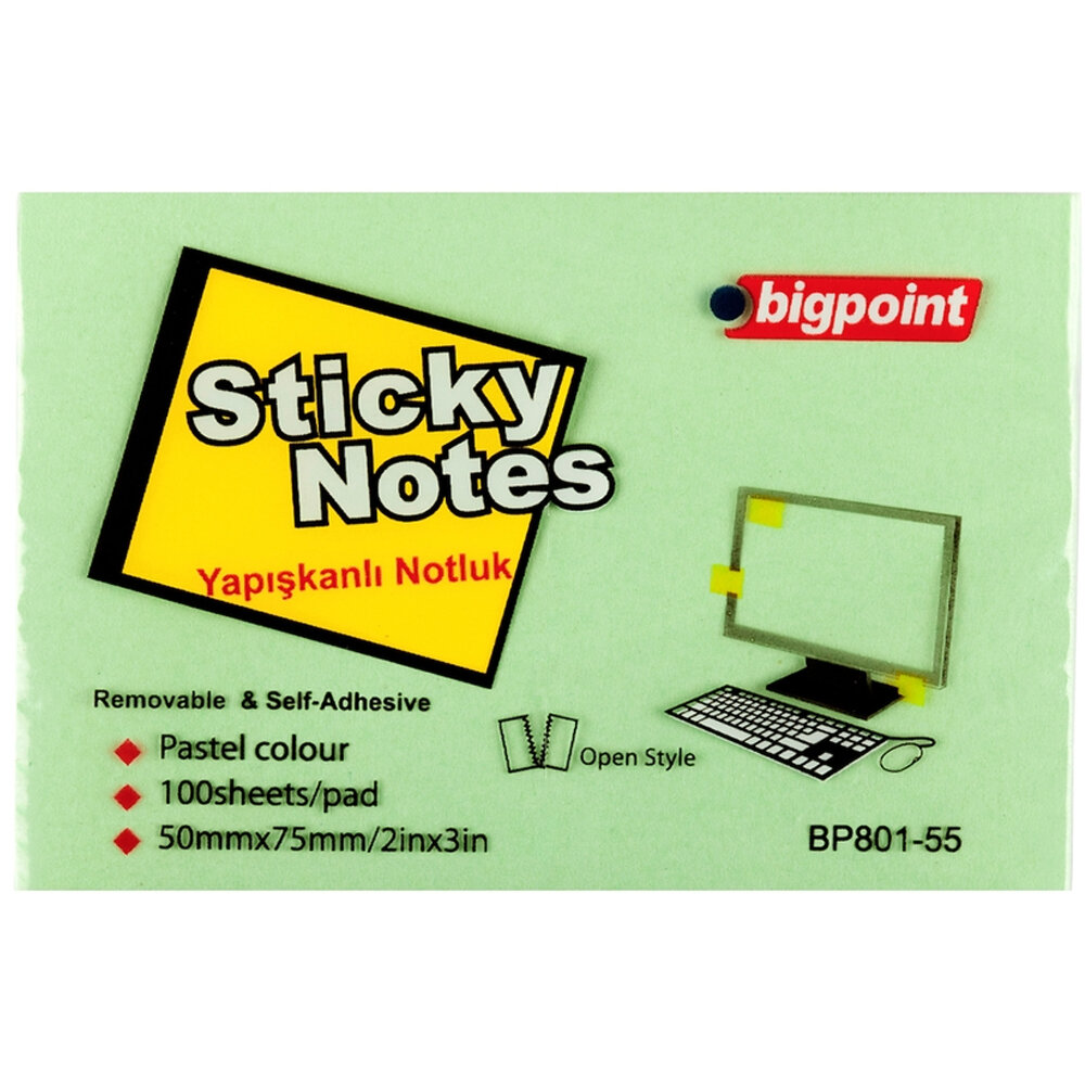 Bigpoint Yapışkanlı Not Kağıdı 75x50 Yeşil BP801-55 - 1