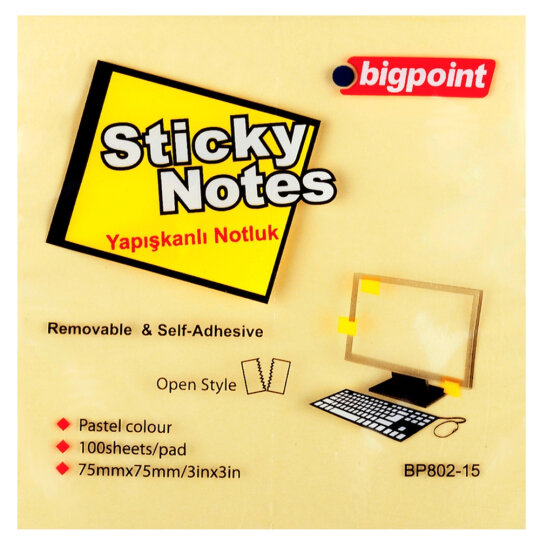 Bigpoint Yapışkanlı Not Kağıdı 75x75 Sarı BP802-15