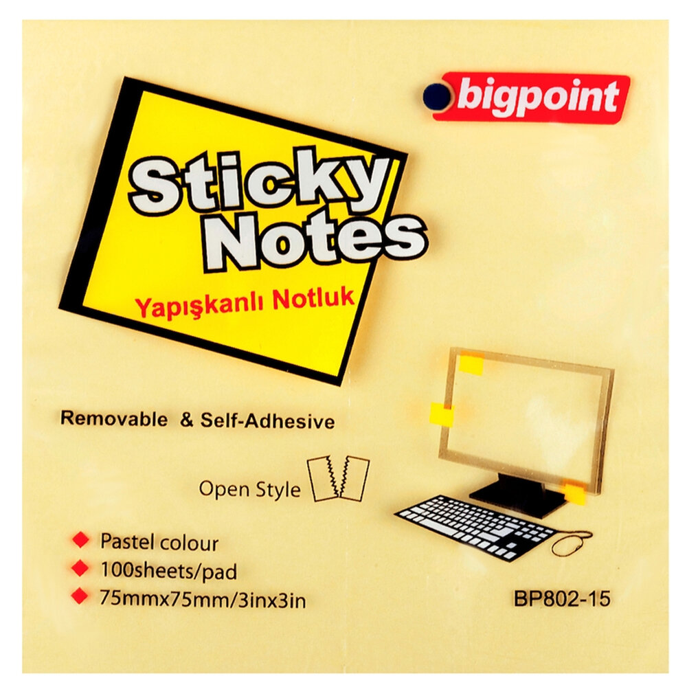 Bigpoint Yapışkanlı Not Kağıdı 75x75 Sarı BP802-15 - 1