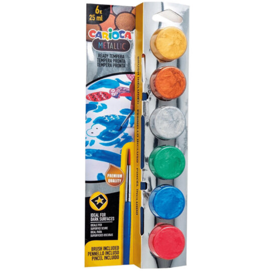 Carioca Tempera Sulu Boya Süper Yıkanabilir Fırçalı 25 ML 6 Renk Metalik 40426