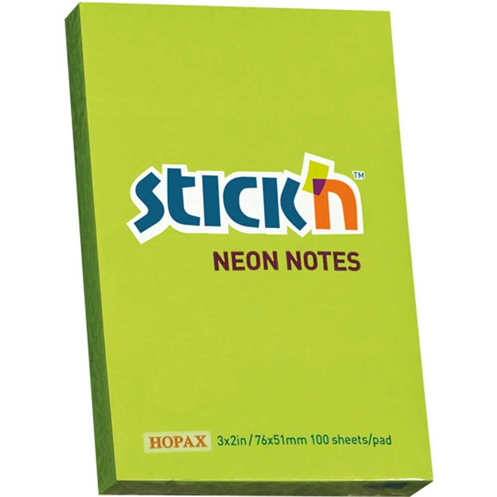 Hopax Stickn Yapışkanlı Not Kağıdı 100 YP 76x51 Fosforlu Yeşil HE21163 - 1