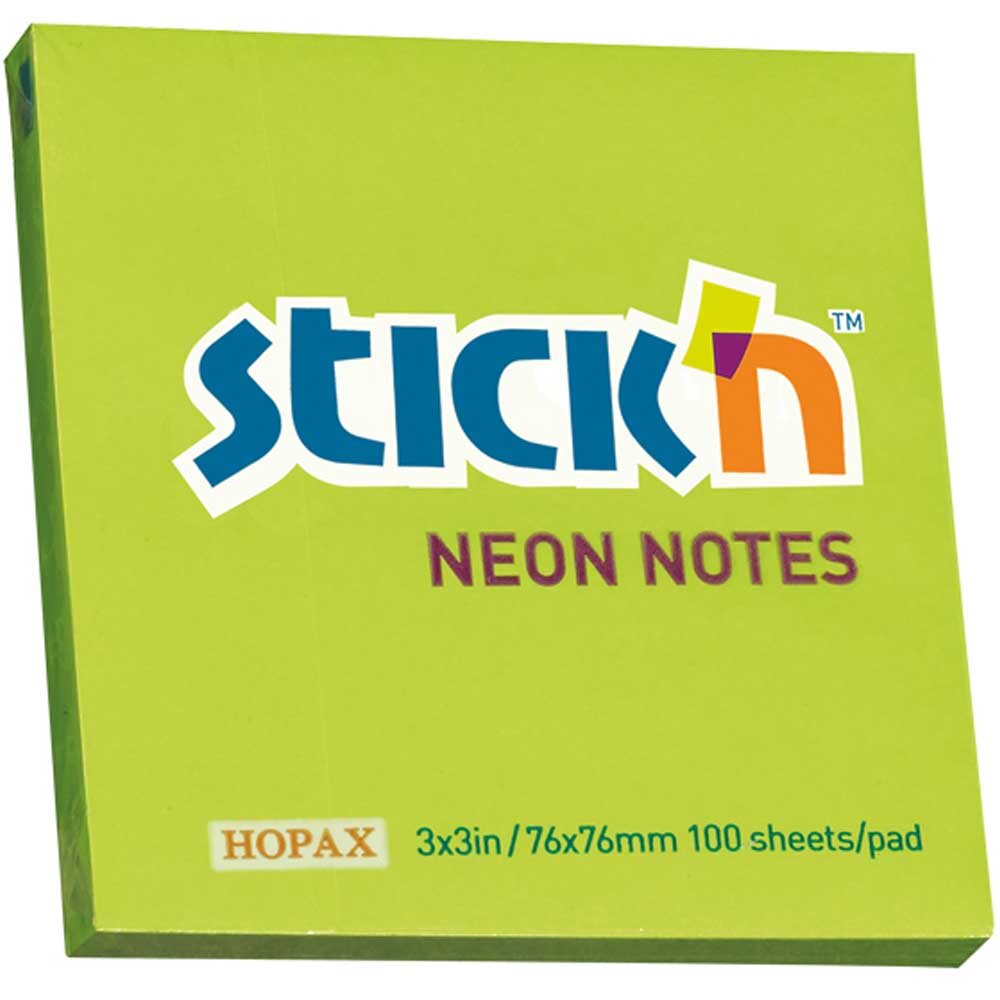 Hopax Stickn Yapışkanlı Not Kağıdı 100 YP 76x76 Fosforlu Yeşil HE21167 - 1