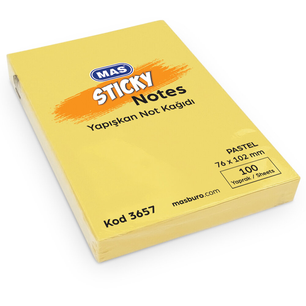 Mas Yapışkanlı Not Kağıdı 100 Syf 76x102 Pastel Sarı 3657 - 1