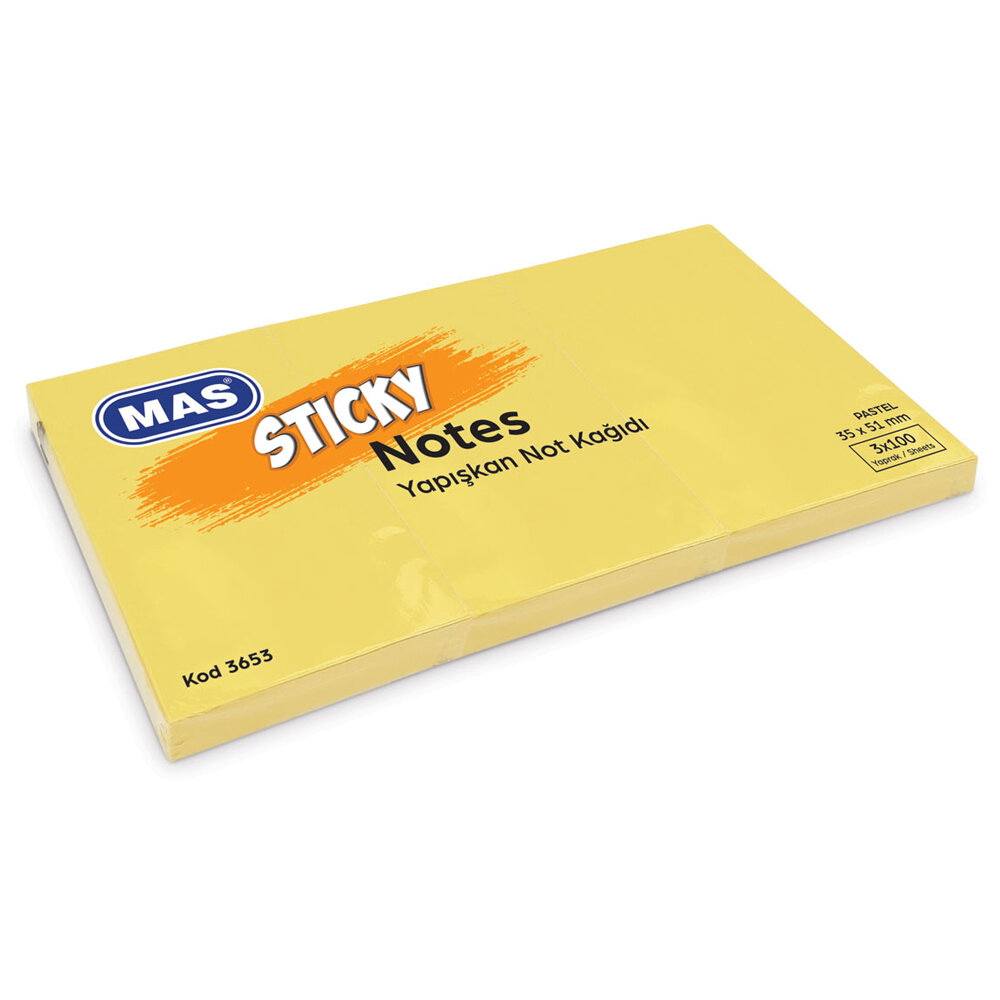 Mas Yapışkanlı Not Kağıdı 3 Blok 100 SY 35x51 Pastel Sarı 3653 - 1