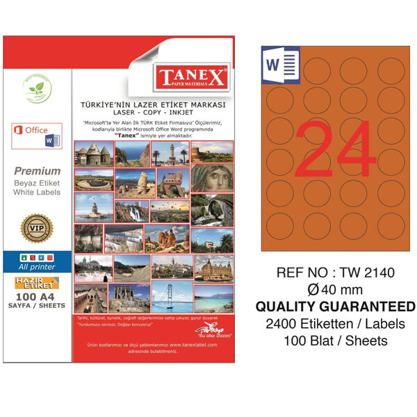 Tanex Laser Etiket 100 YP 0.40 MM Laser-Copy-Inkjet Yuvarlak Turuncu TW-2140 - 1